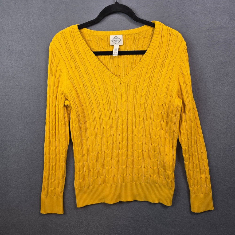 St Johns Bay Womens XL V-Neck Cable Knit Sweater Mustard Yellow Long Sleeve